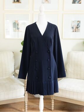 City Studios Navy Double-Breasted Pleated Hem Dress